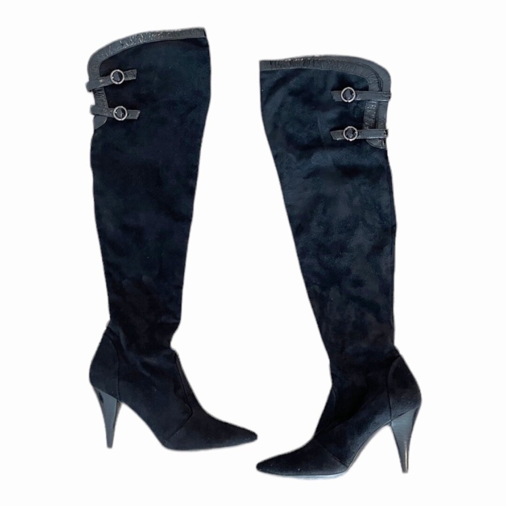 Guess Funke‎ Black Suede Thigh High Heeled Boots Pointed Toe Buckle Detail 7.5